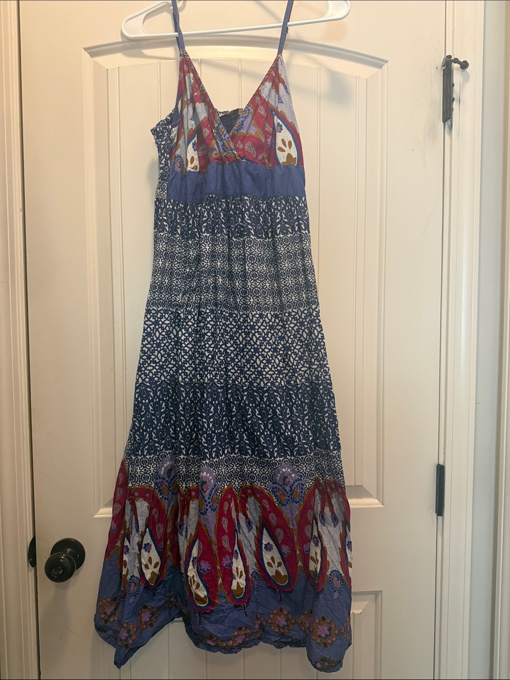 Magic Blue Paisley-Trim Spaghetti Strap Maxi Dress